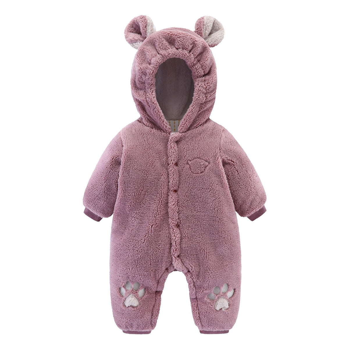 Adorable Plush Bear Onesie for Babies - Warm Hooded Jumpsuit with Paw Print Detail