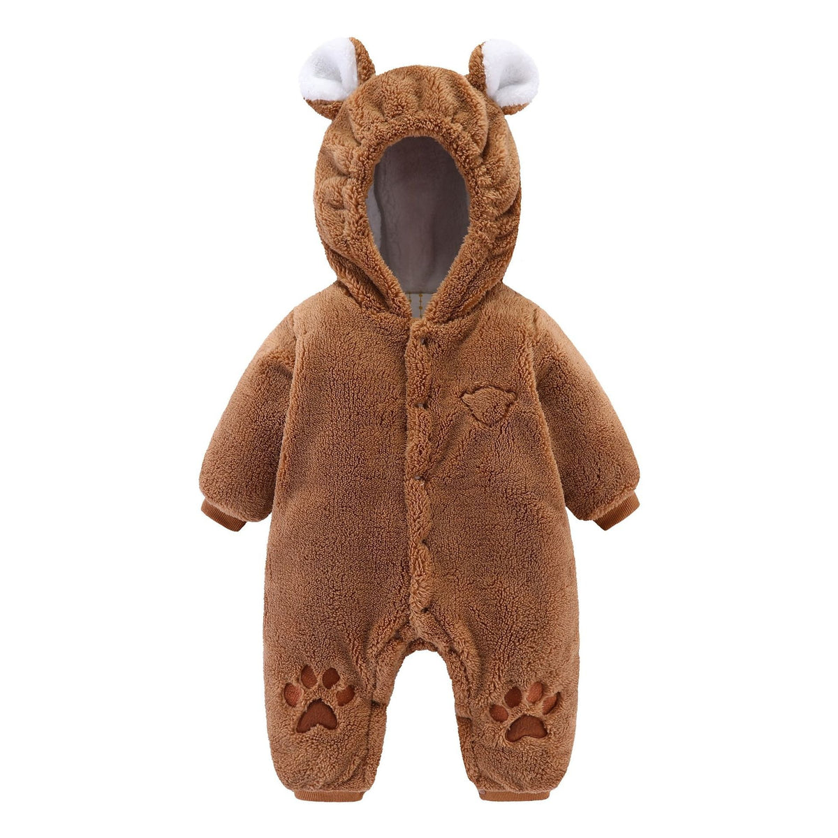 Adorable Plush Bear Onesie for Babies - Warm Hooded Jumpsuit with Paw Print Detail