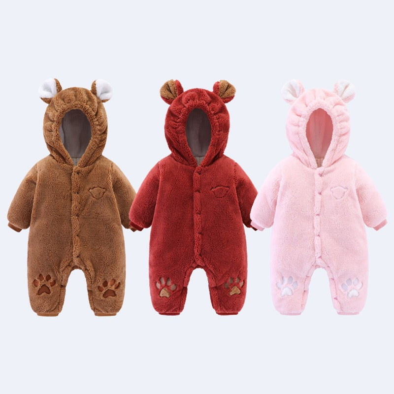 Adorable Plush Bear Onesie for Babies - Warm Hooded Jumpsuit with Paw Print Detail