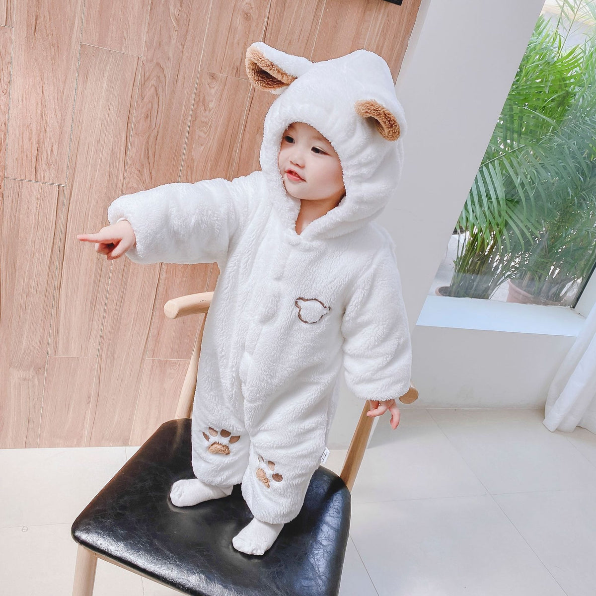 Adorable Plush Bear Onesie for Babies - Warm Hooded Jumpsuit with Paw Print Detail