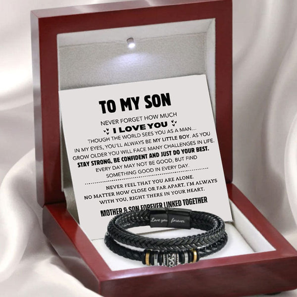 To My Son, Stainless Steel and Leather Rope Bracelet and LED Gift Box
