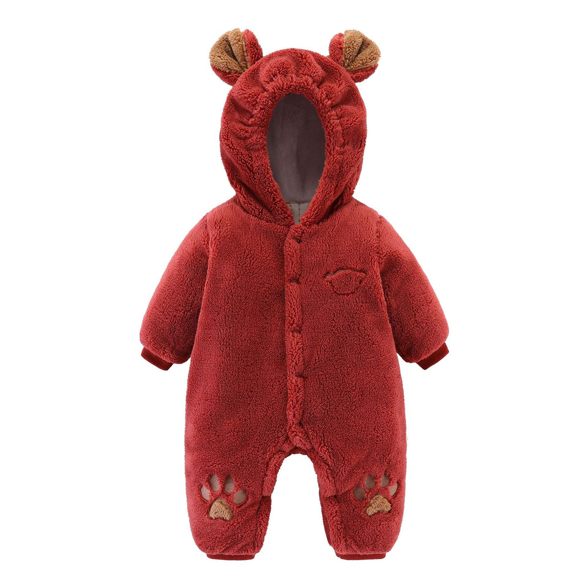 Adorable Plush Bear Onesie for Babies - Warm Hooded Jumpsuit with Paw Print Detail