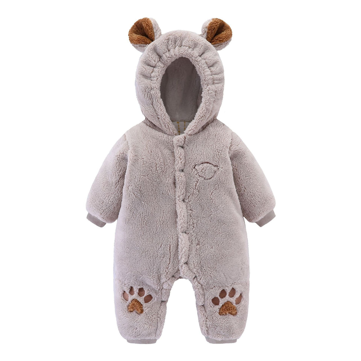 Adorable Plush Bear Onesie for Babies - Warm Hooded Jumpsuit with Paw Print Detail