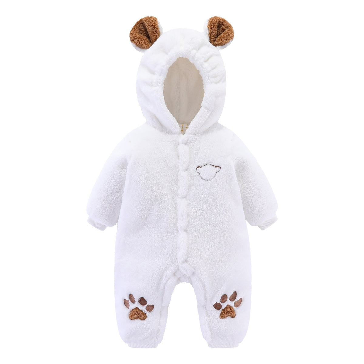 Adorable Plush Bear Onesie for Babies - Warm Hooded Jumpsuit with Paw Print Detail