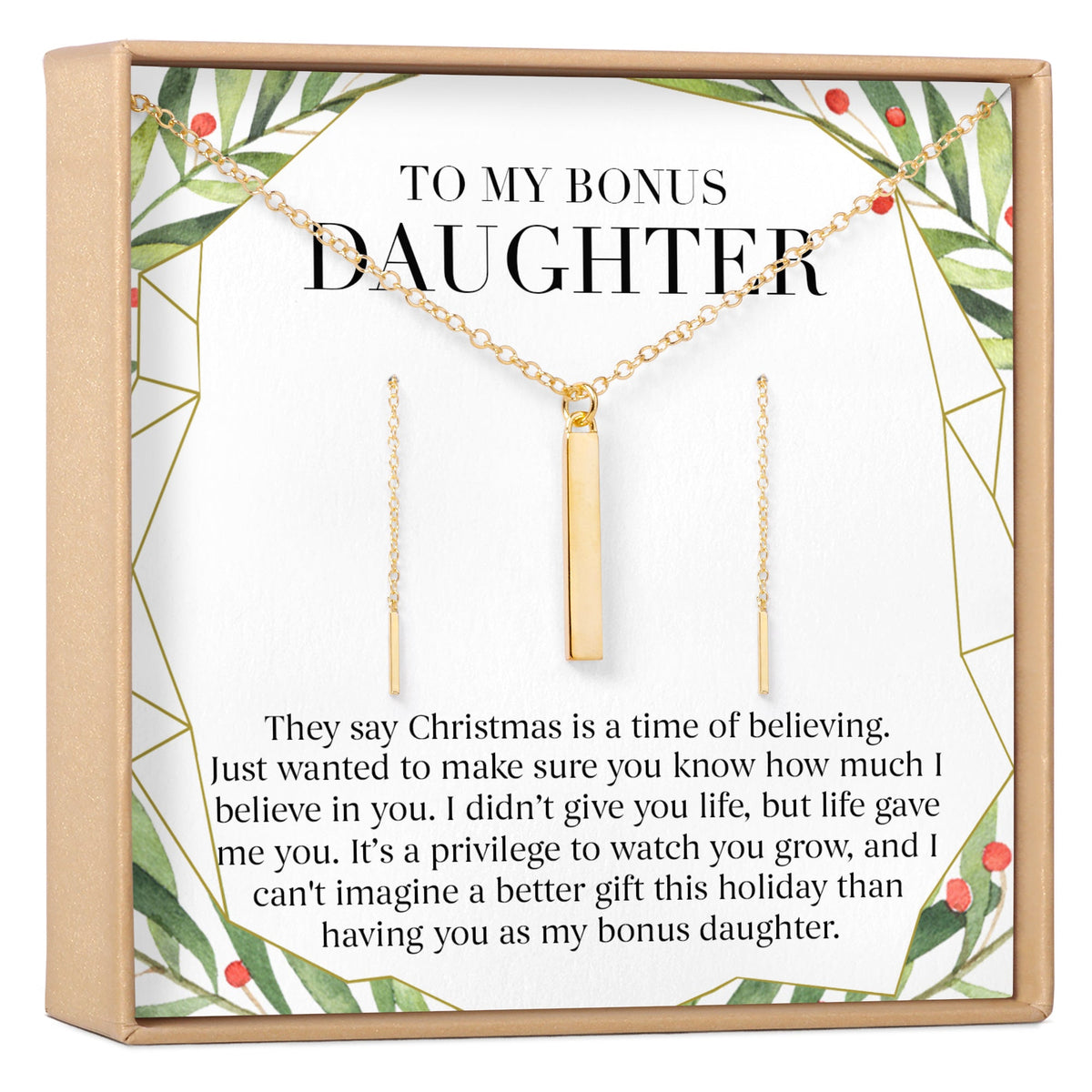 Christmas Gift for Stepdaughter Gold Bar Earring Threader and Necklace Jewelry Set - Dear Ava