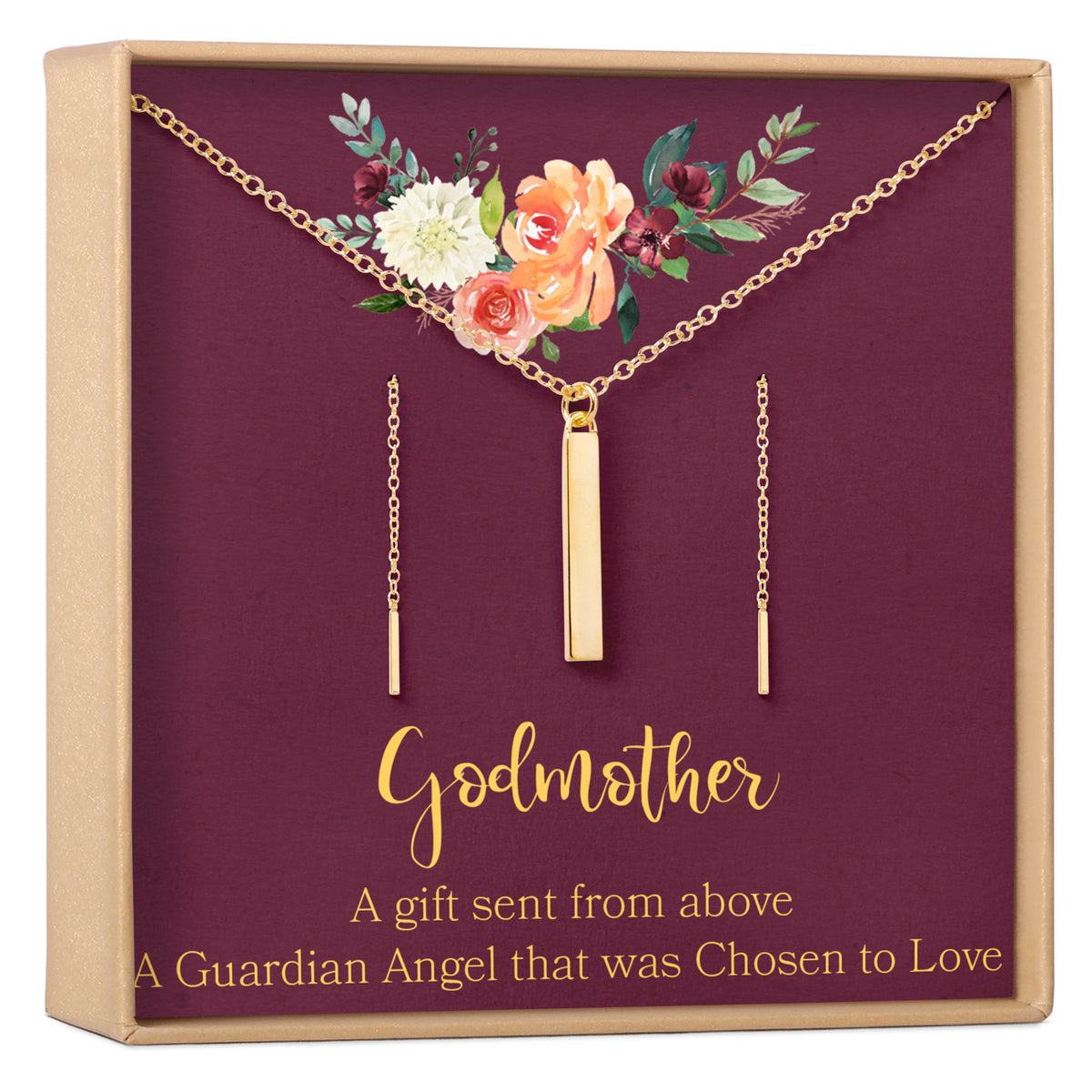 Godmother Gold Bar Earring Threader and Necklace Jewelry Set