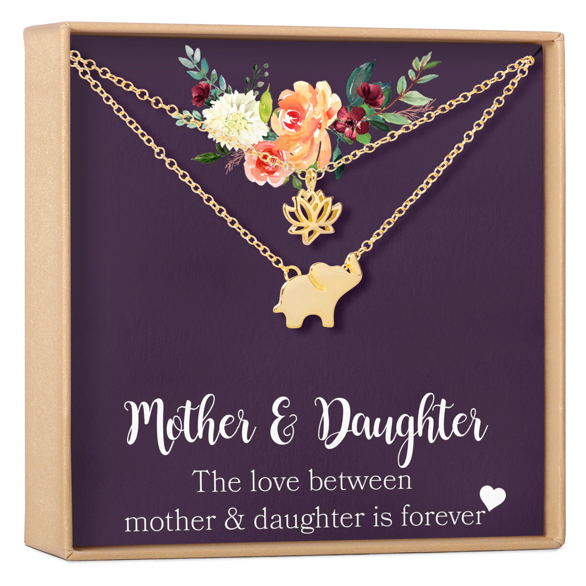 Mother &amp; Daughter Lotus and Elephant Pendant Necklace Set