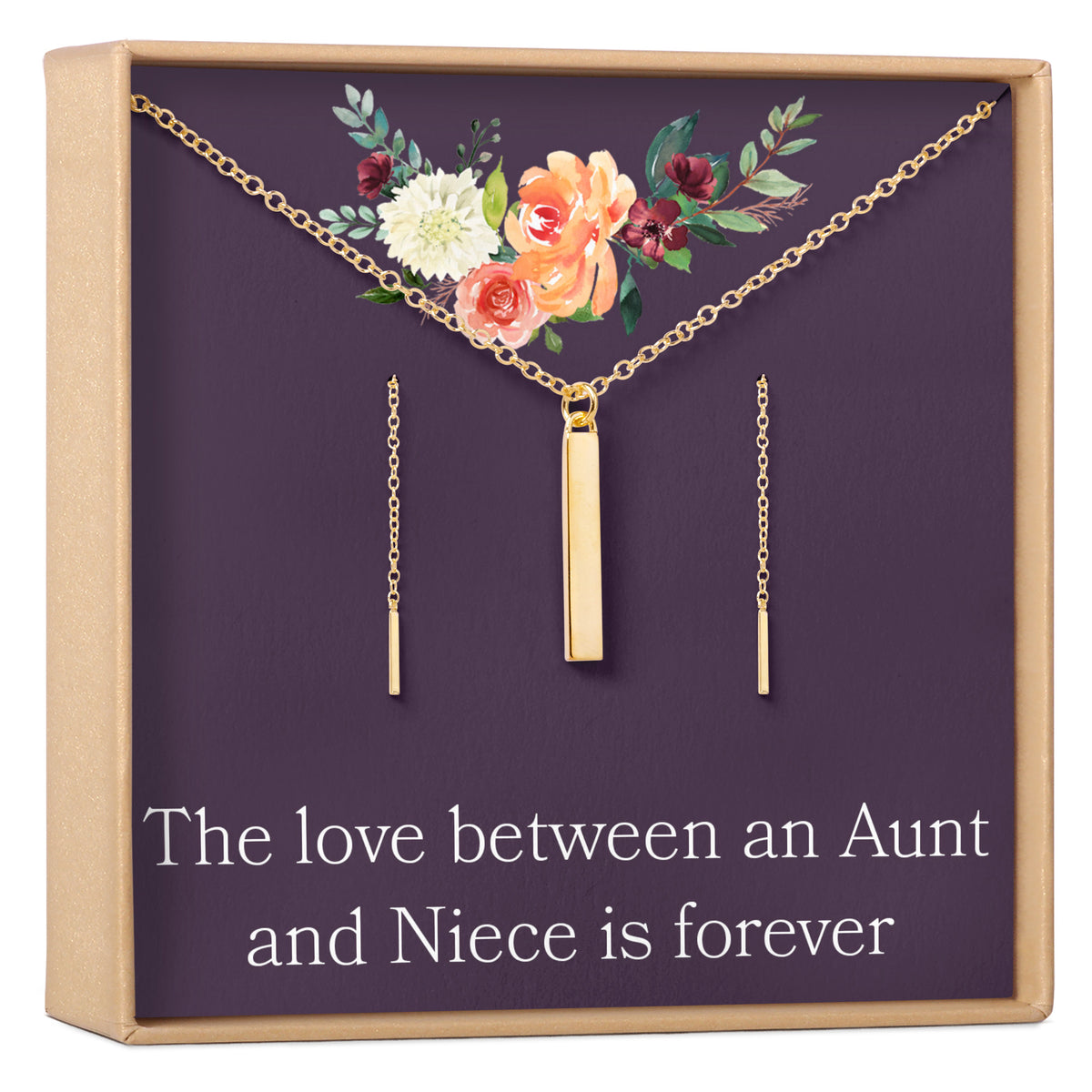 Aunt-Niece Gold Bar Earring Threader and Necklace Jewelry Set