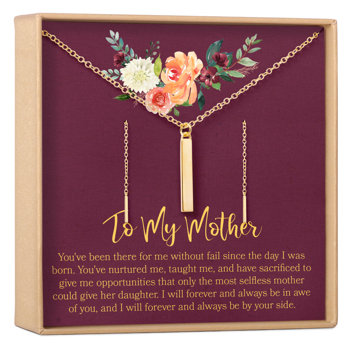 Mother Gold Bar Earring Threader and Necklace Jewelry Set