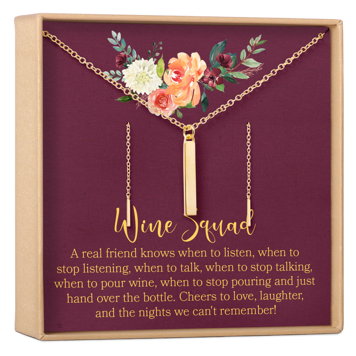 Wine Lover Gold Bar Earring Threader and Necklace Jewelry Set