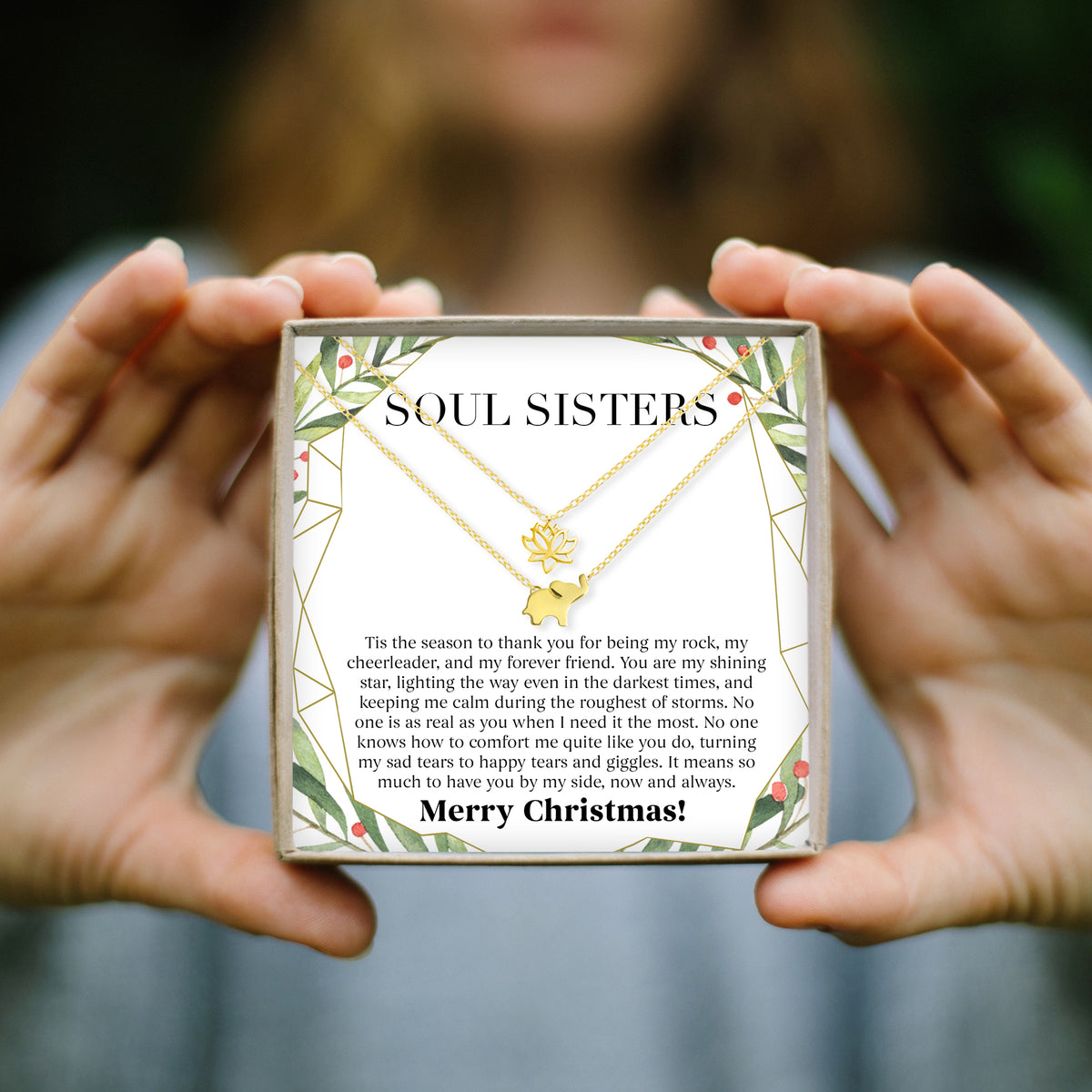 Soul Sisters Christmas Lotus and Elephant Pendant Necklace Set