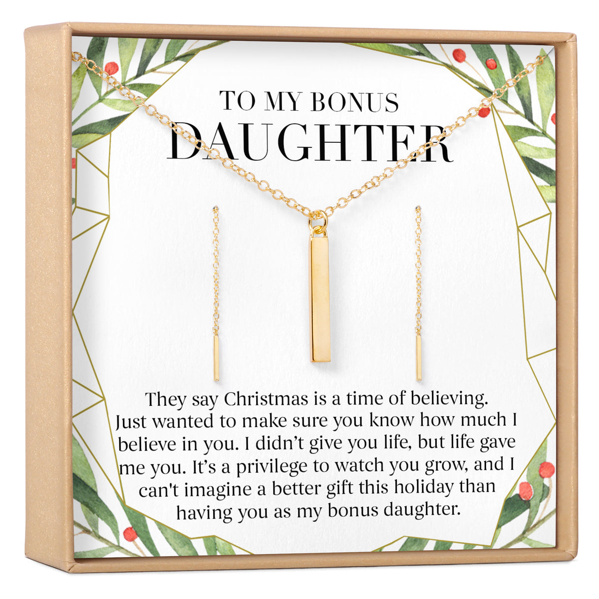 Christmas Gift for Stepdaughter Gold Bar Earring Threader and Necklace Jewelry Set