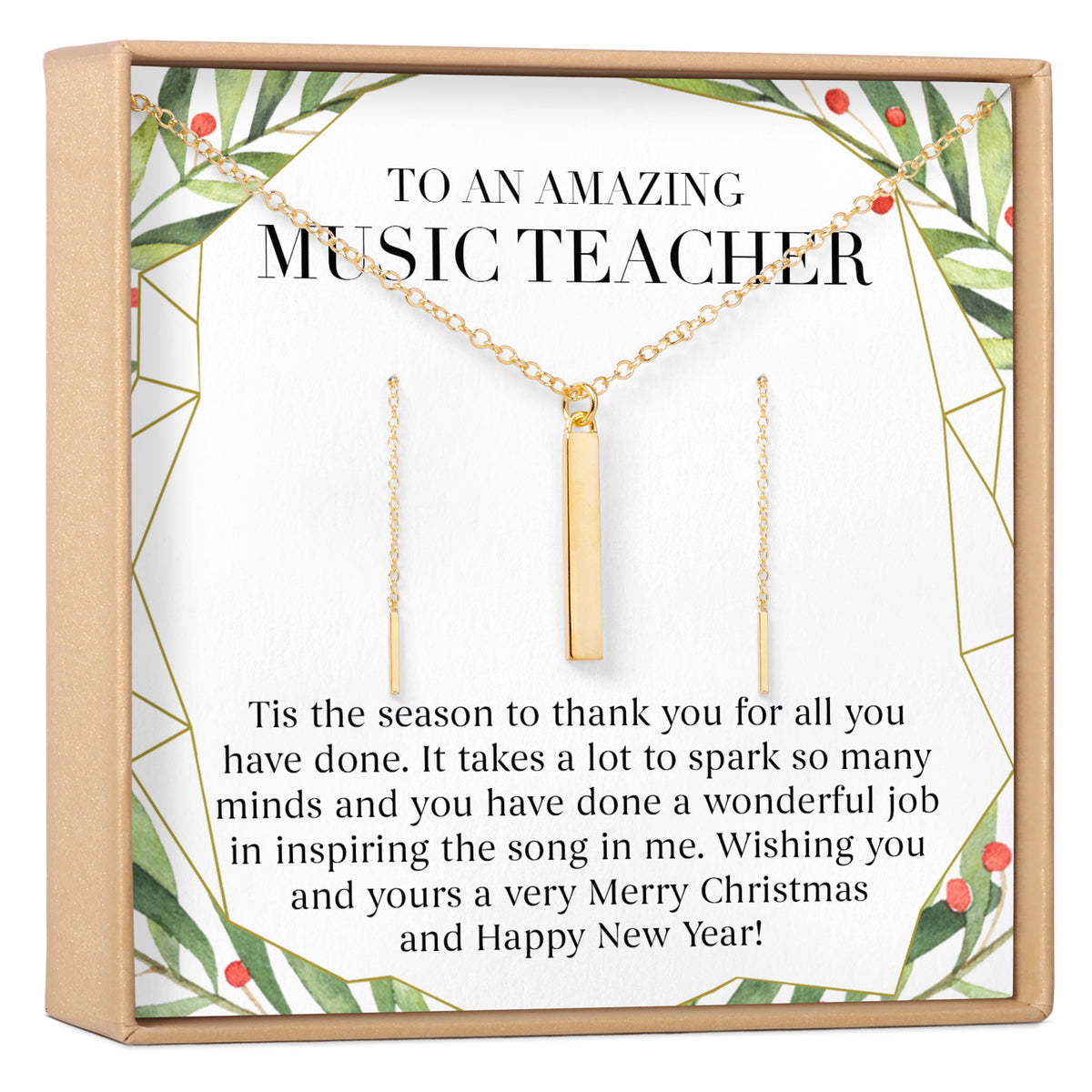 Christmas Gift for Music Teacher Gold Bar Earring Threader and Necklace Jewelry Set