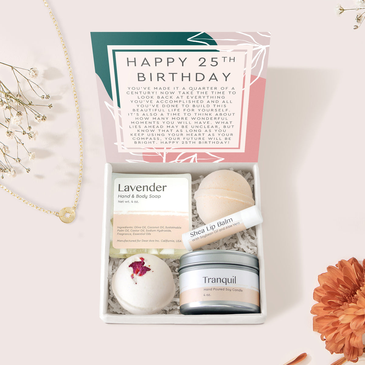 25th Birthday Compass Necklace Spa Gift Box Set